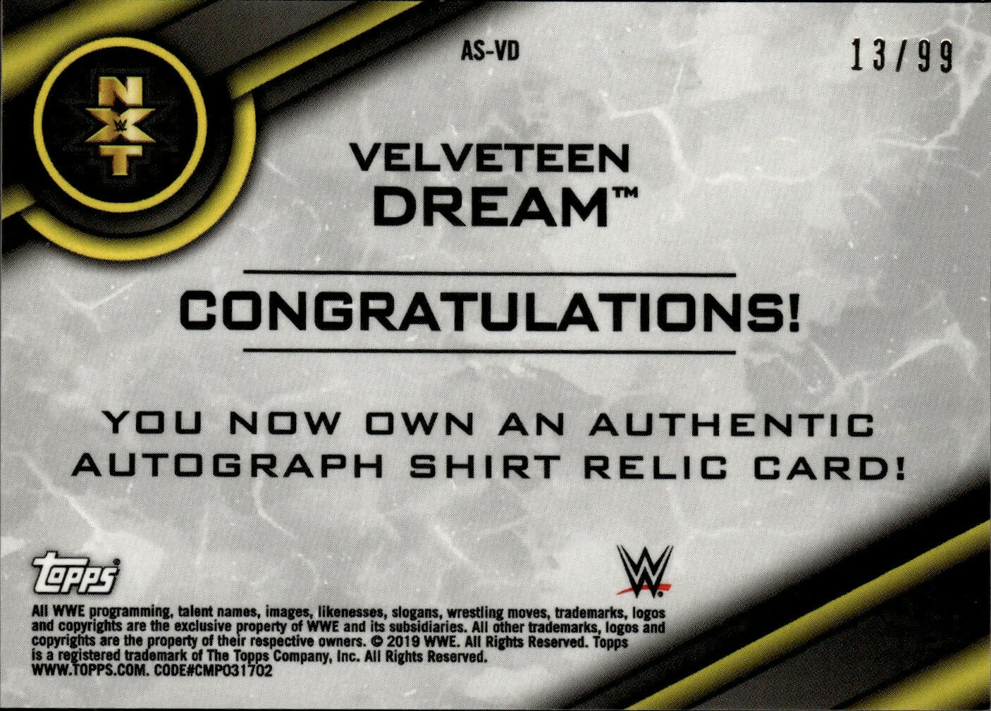 2019 Topps WWE NXT - Autograph Shirt Relics /99 #AS-VD Velveteen Dream