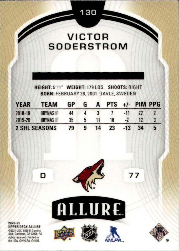 2020-21 Upper Deck Allure Hockey - Base Rookie SP #130 Victor Soderstrom - Arizona Coyotes - B