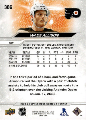 2023-24 Upper Deck Series 2 Hockey - Base #386 Wade Allison - Philadelphia Flyers - B