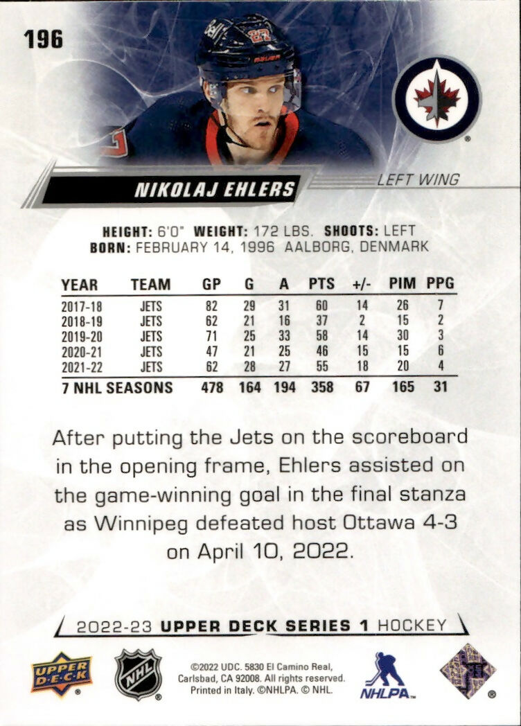 2022-23 Upper Deck Series 1 Hockey - Base #196 Nikolaj Ehlers - Winnipeg Jets - B