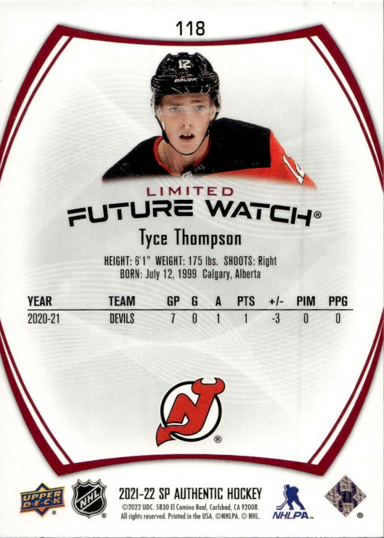 2021-22 Upper Deck SP Authentic Hockey - Base - Future Watch - Limited Red #118 Tyce Thompson - New Jersey Devils - B