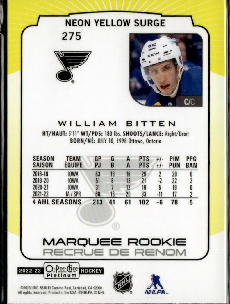 2022-23 Upper Deck O-Pee-Chee Platinum Hockey - Base - Neon Yellow Surge #275 William Bitten - St. Louis Blues - B