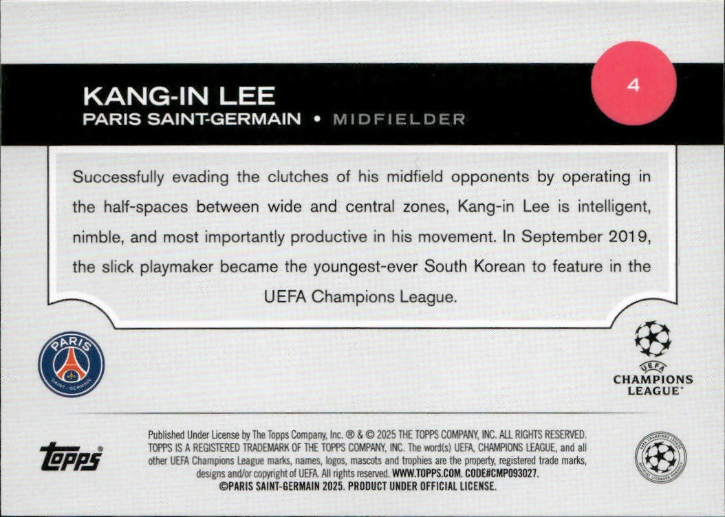 2024-25 Topps UEFA Club Competitions - Base #4 Kang-In Lee - Paris Saint-Germain - B