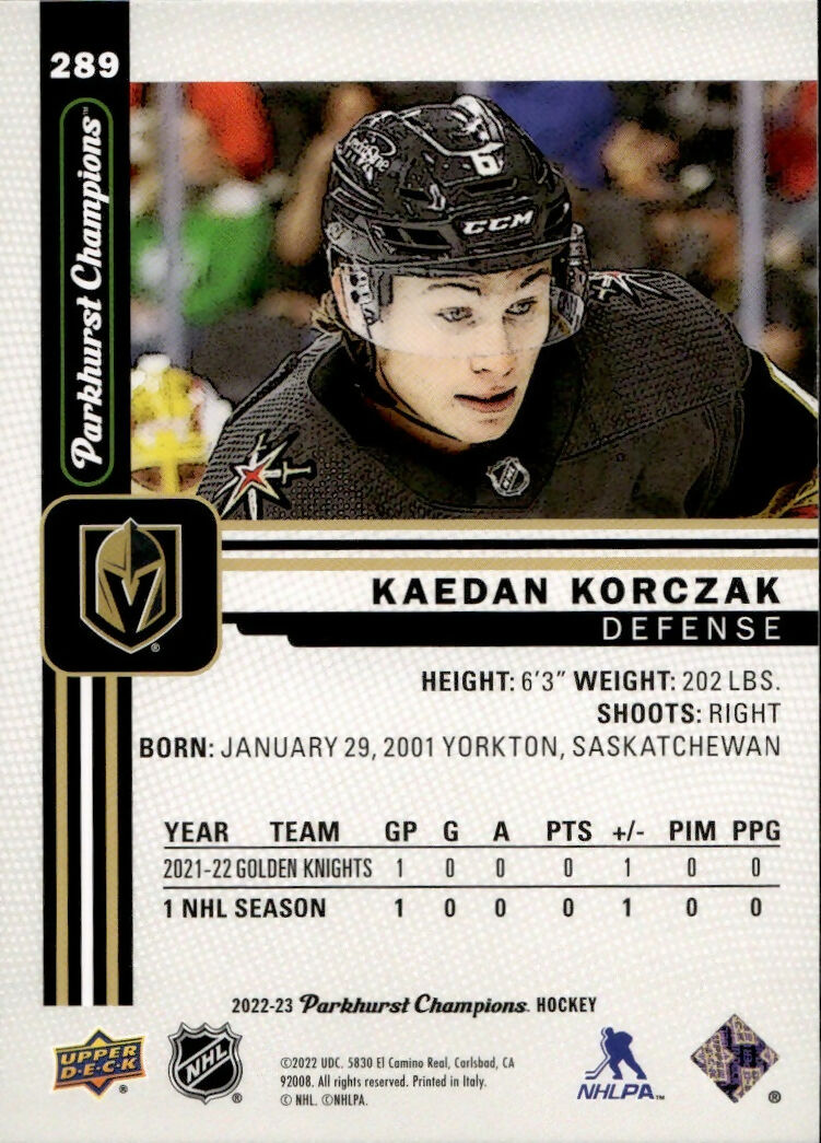 2022-23 Upper Deck Parkhurst Champions - Base #289 Kaedan Korczak - Vegas Golden Knights - B