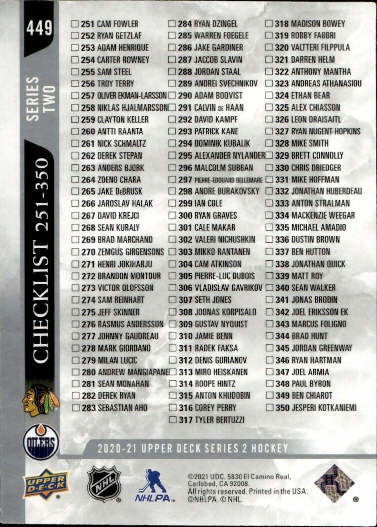 2020-21 Upper Deck Series 2 Hockey - Base #449 Checklist - Patrick Kane:Leon Draisaitl - B