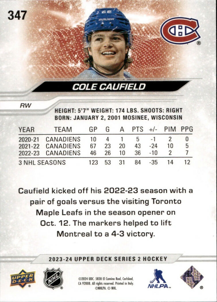 2023-24 Upper Deck Series 2 Hockey - Base #347 Cole Caufield - Montreal Canadiens - B