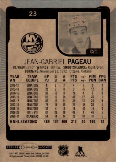 2021-22 Upper Deck O-Pee-Chee Hockey - Base #23 Jean-Gabriel Pageau - New York Islanders