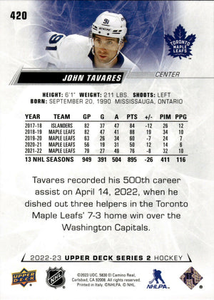 2022-23 Upper Deck Series 2 Hockey Base #420 John Tavares - Toronto Maple Leafs