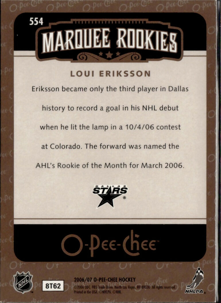 2006-07 O-Pee-Chee - Base - Marquee Rookies #554 Loui Eriksson - Dallas Stars - B