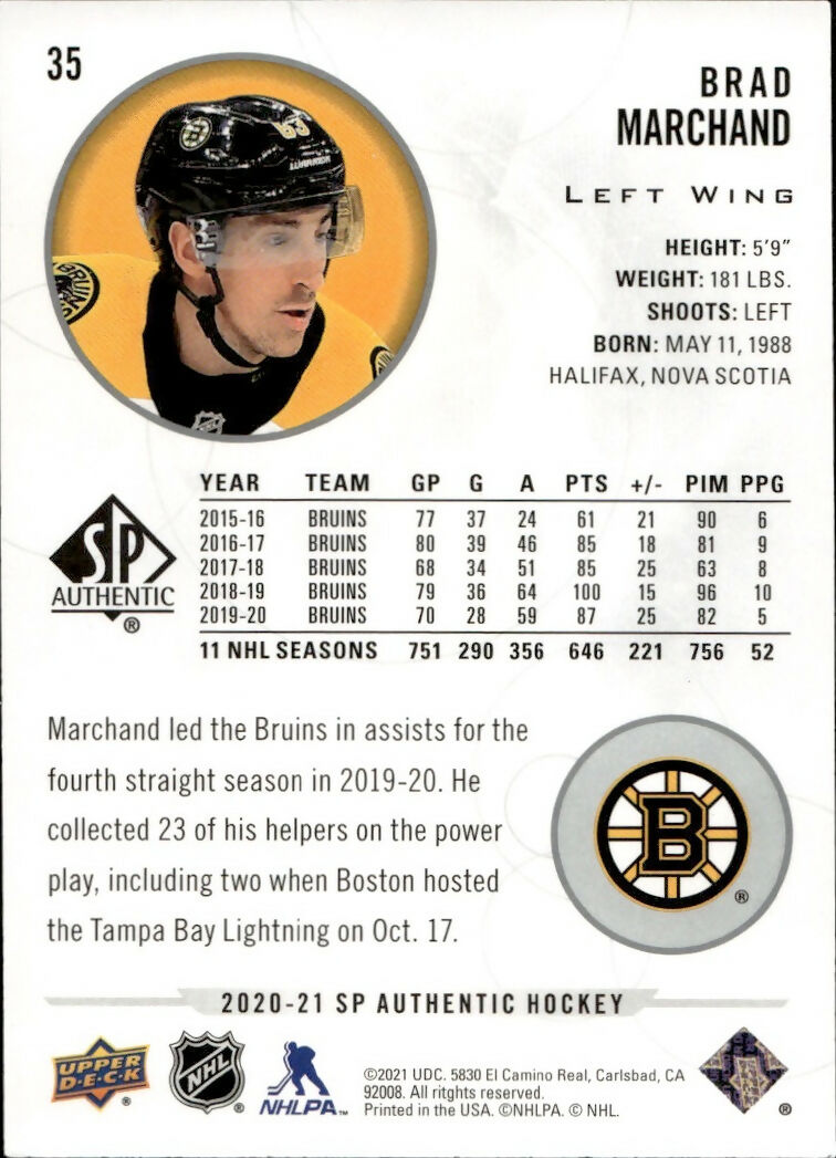 2020-21 Upper Deck Sp Authentic Hockey - Base #35 Brad Marchand - Boston Bruins - B