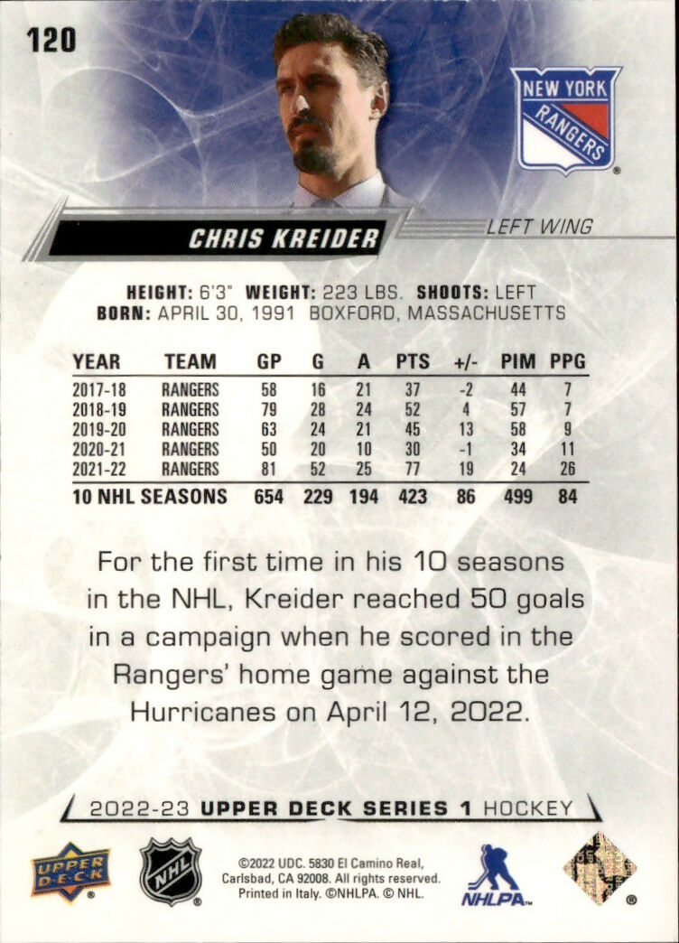 2022-23 Upper Deck Series 1 Hockey - Base #120 Chris Krieder - New York Rangers - B