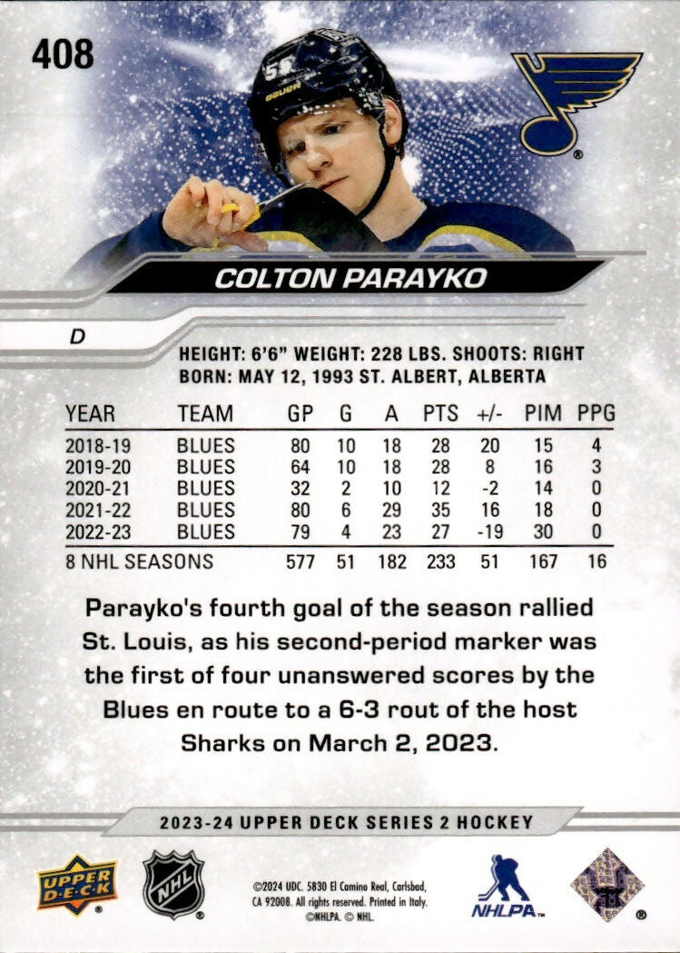 2023-24 Upper Deck Series 2 Hockey - Base #408 Colton Parayko - St. Louis Blues