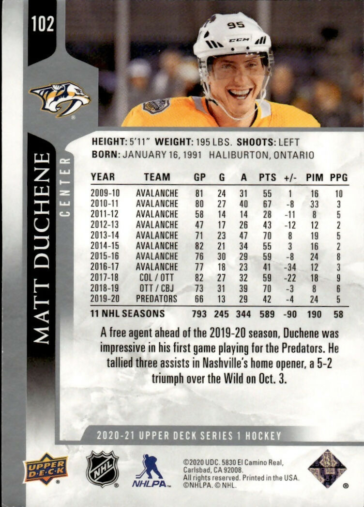 2020-21 Upper Deck Series 1 Hockey #102 Matt Duchene - Nashville Predators