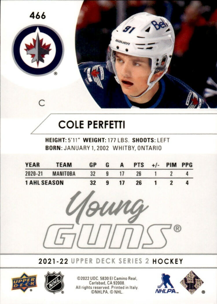 2021-22 Upper Deck Series 2 Hockey - Young Guns #466 Cole Perfetti - Winnipeg Jets - B