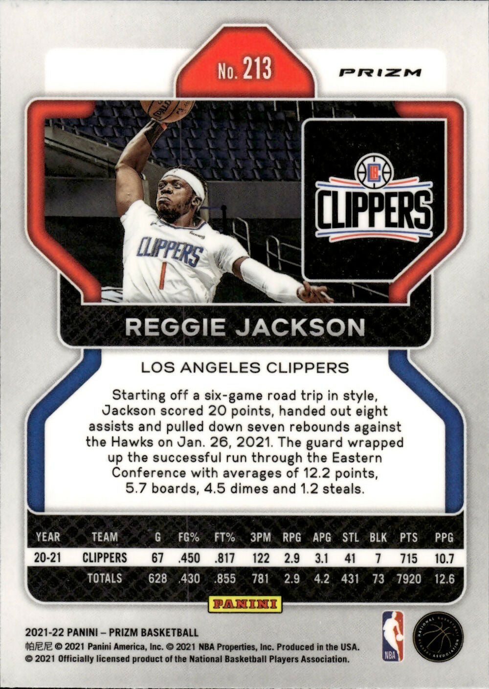 2021-22 Panini Prizm Basketball - Base - NBA 75th Anniversary Prizm # 213 Reggie Jackson - Los angeles Clippers