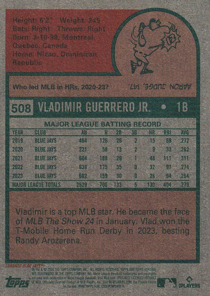 2024 Topps Heritage #508 Vladimir Guerrero Jr. Toronto Blue Jays