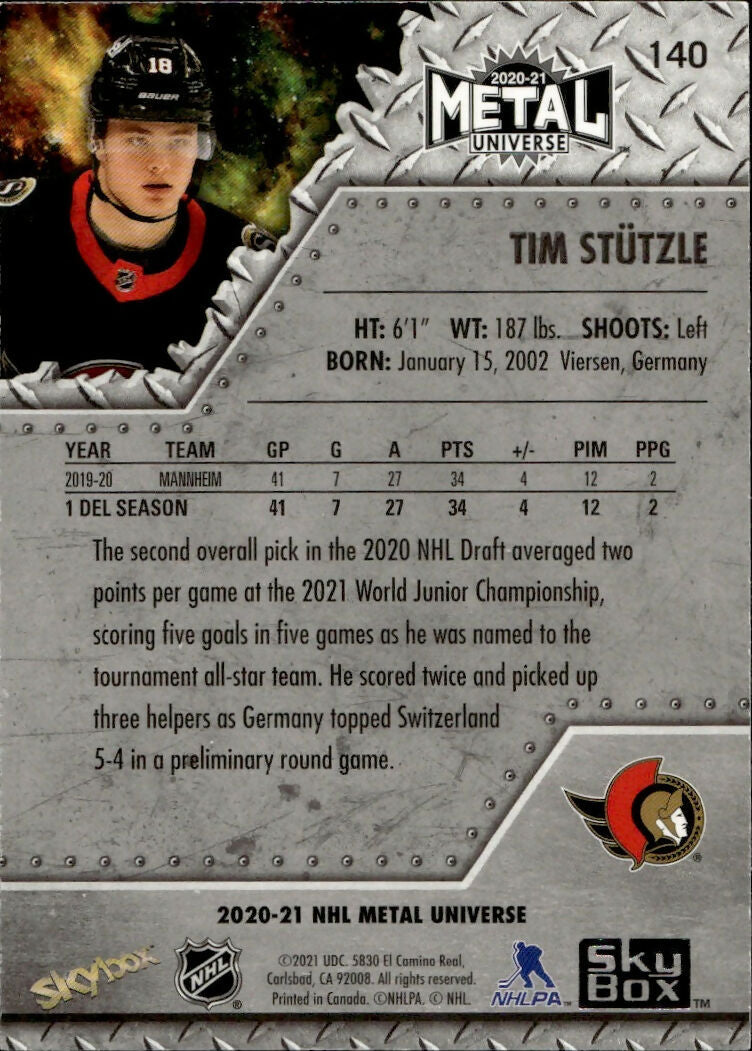 2020-21 Upper Deck Skybox Metal Universe - Base - Rookies #140 Tim Stutzle - Ottawa Senators - B
