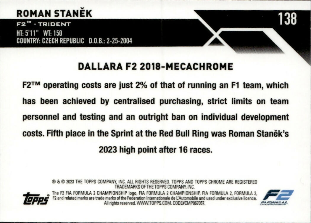 2023 Topps Chrome Formula 1 Base #138 - F2 Cars Roman Stanek - F2 Trident - B