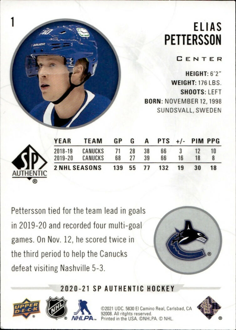 2020-21 Upper Deck Sp Authentic Hockey - Base #1 Elias Pettersson - Vancouver Canucks - B