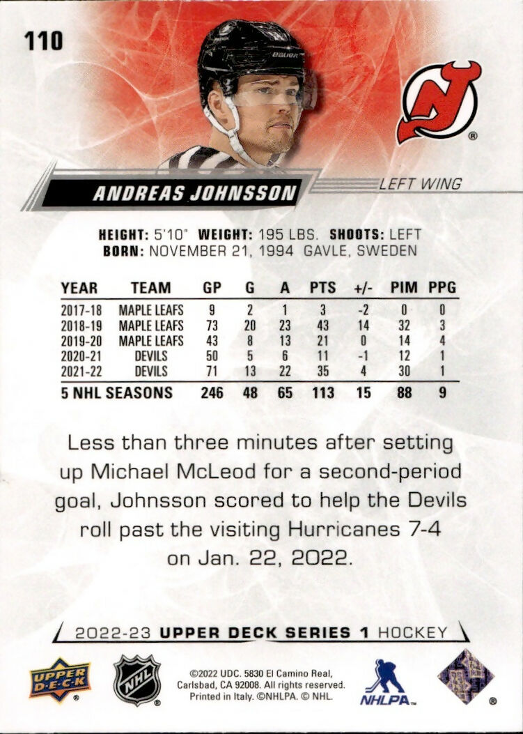 2022-23 Upper Deck Series 1 Hockey - Base #110 Andreas Johnsson - New Jersey Devils - B