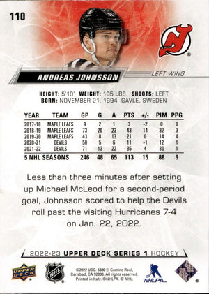 2022-23 Upper Deck Series 1 Hockey - Base #110 Andreas Johnsson - New Jersey Devils - B
