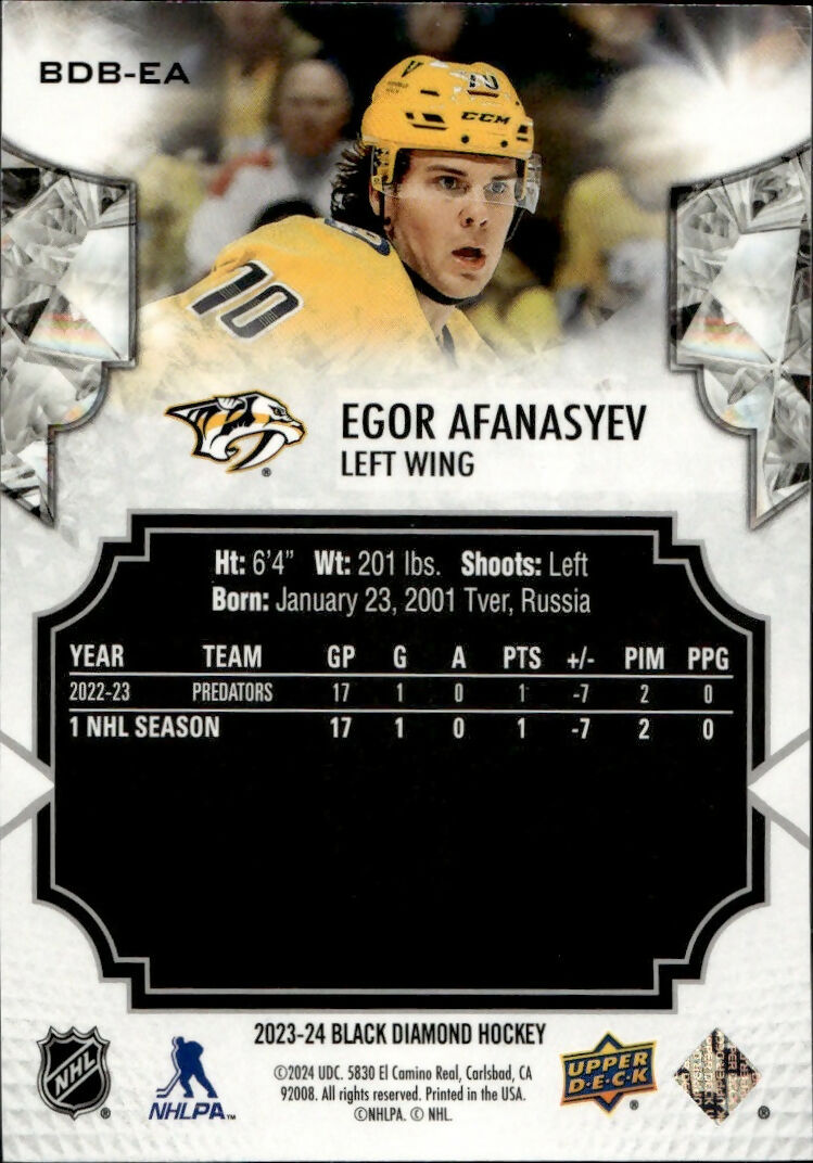 2023-24 Upper Deck Black Diamond Hockey - Base :349 #BDB-EA Egor Afanasyev - Nashville Predators - B