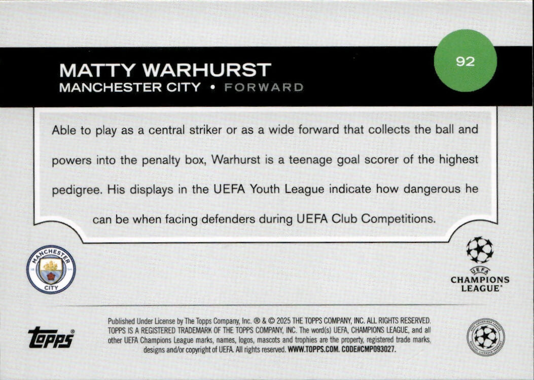 2024-25 Topps UEFA Club Competitions - Base #92 Matty Warhurst - Manchester City - B