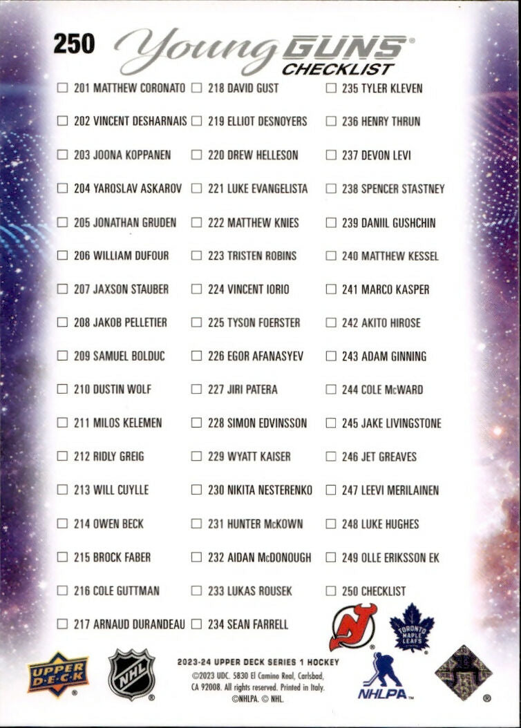 2023-24 Upper Deck Series 1 Hockey - Base - Young Guns #250 Checklist - Luke Hughes:Matthew Knies - B