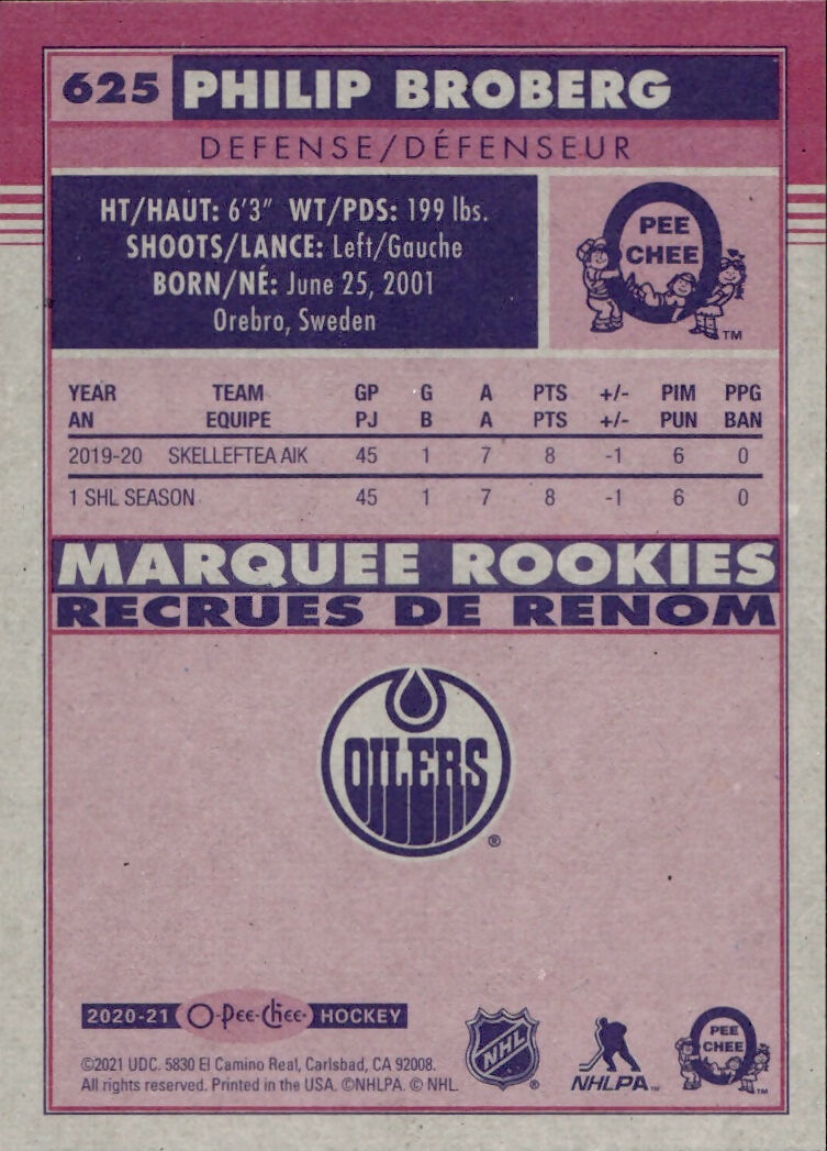 2020-21 Upper Deck O-Pee-Chee Hockey - Retro Update - Marquee Rookies #625 Philip Broberg - Edmonton Oilers - B