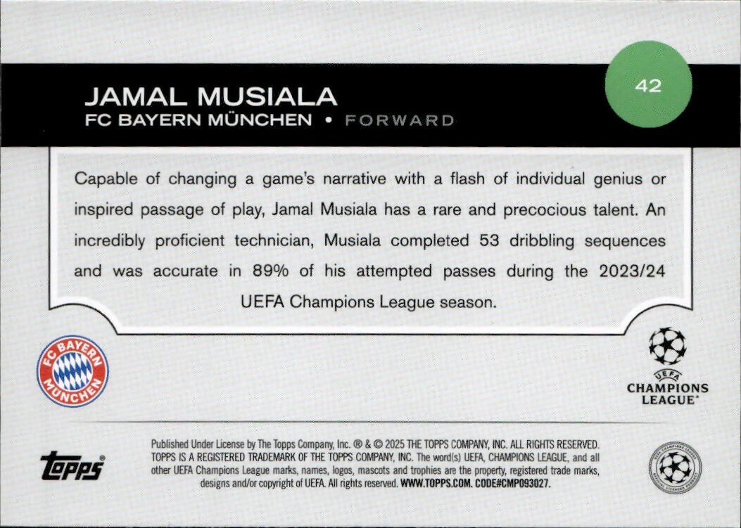 2024-25 Topps UEFA Club Competitions - Base #42 Jamal Musiala - PC Bayern Munchen - B