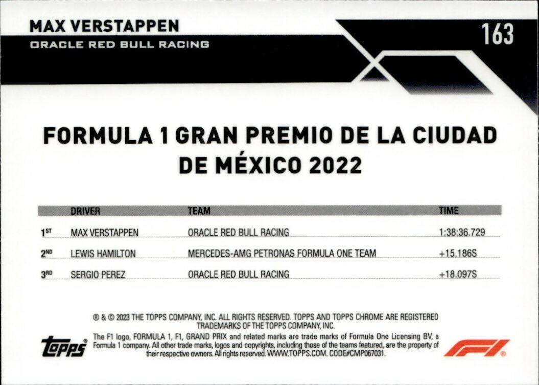 2023 Topps Chrome Formula 1 Base #163 - Grand Prix Winners Max Verstappen - Oracle Red Bull Racing - B