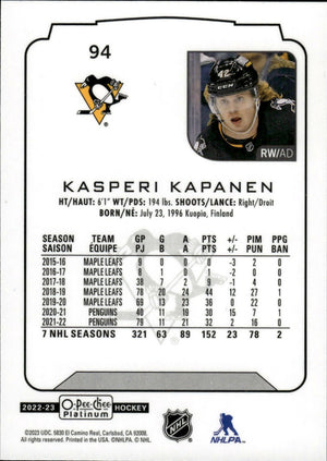 2022-23 Upper Deck O-Pee-Chee Platinum Hockey - Base #94 Kasperi Kapanen - Pittsburgh Penguins