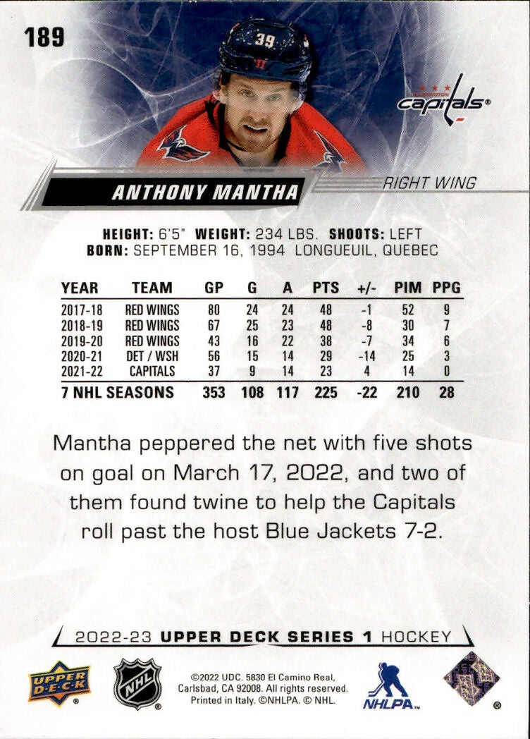 2022-23 Upper Deck Series 1 Hockey - Base #189 Anthony Mantha - Washington Capitals - B