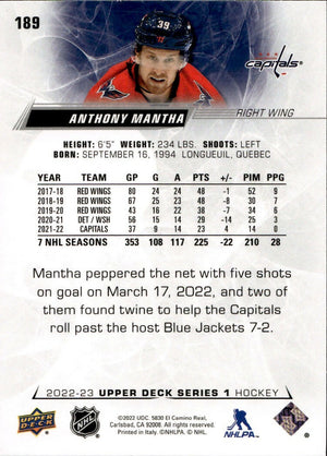 2022-23 Upper Deck Series 1 Hockey - Base #189 Anthony Mantha - Washington Capitals - B