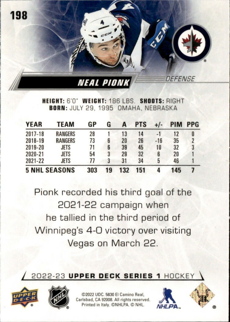2022-23 Upper Deck Series 1 Hockey - Base #198 Neal Pionk - Winnipeg Jets - B