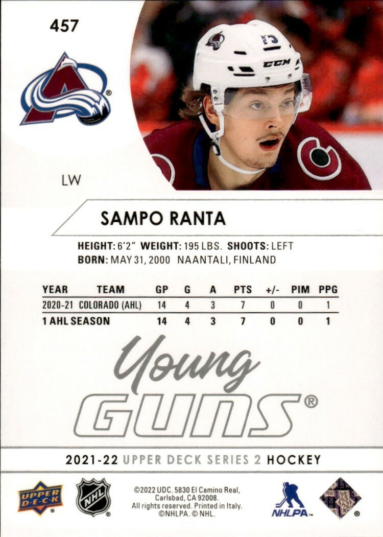 2021-22 Upper Deck Series 2 Hockey - Young Guns #457 Sampo Ranta - Colorado Avalanche - B