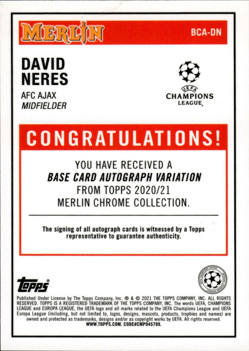 2020-21 Topps Merlin Collection Chrome UCL - Chrome Autographs #BCA-DN David Neres - AFC Ajax