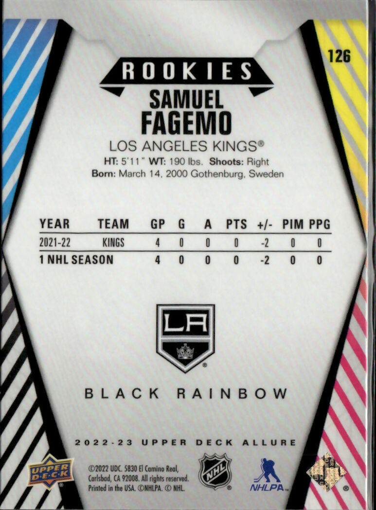 2022-23 Upper Deck Allure Hockey - Base - Black Rainbow - Rookies #126 Samuel Fagemo - Los Angeles Kings