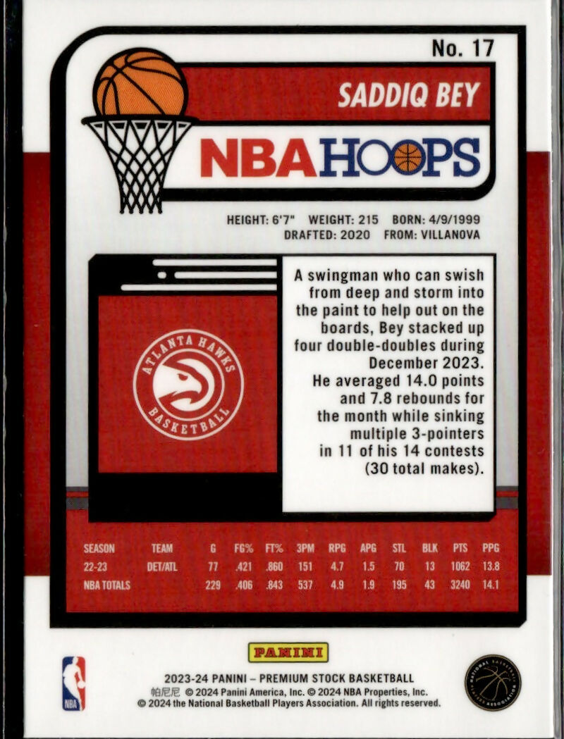 2023-24 Panini NBA Hoops Premium Stock - Base #17 Saddiq Bey - Atlanta Hawks - B