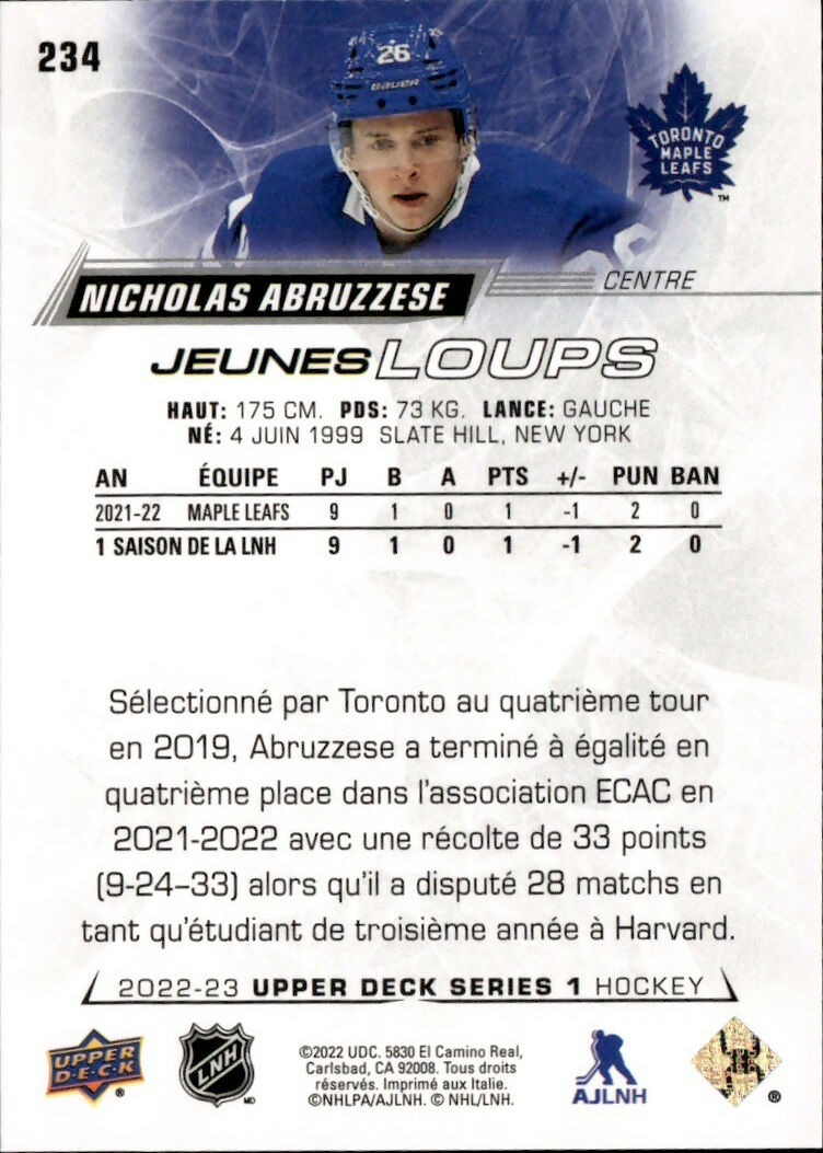 2022-23 Upper Deck Series 1 Hockey - Base - Young Guns - French Varient #234 Nicholas Abruzzese - Toronto Maple Leafs - B