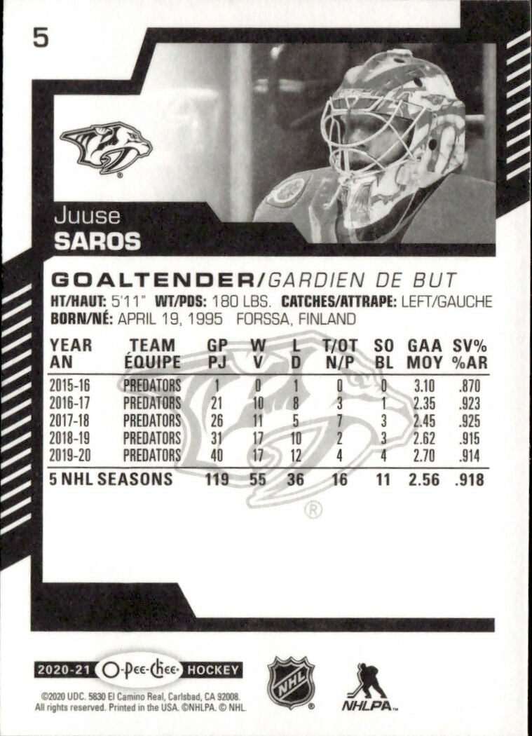2020-21 O-Pee-Chee Base #5 Juuse Saros Nashville Predators