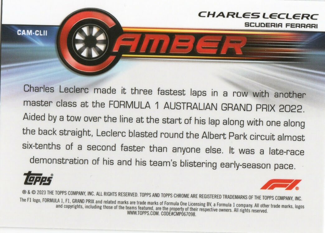 2023 Topps Chrome Formula 1 Camber #CAM-CLII Charles LeClerc - Scuderia Ferrari - B