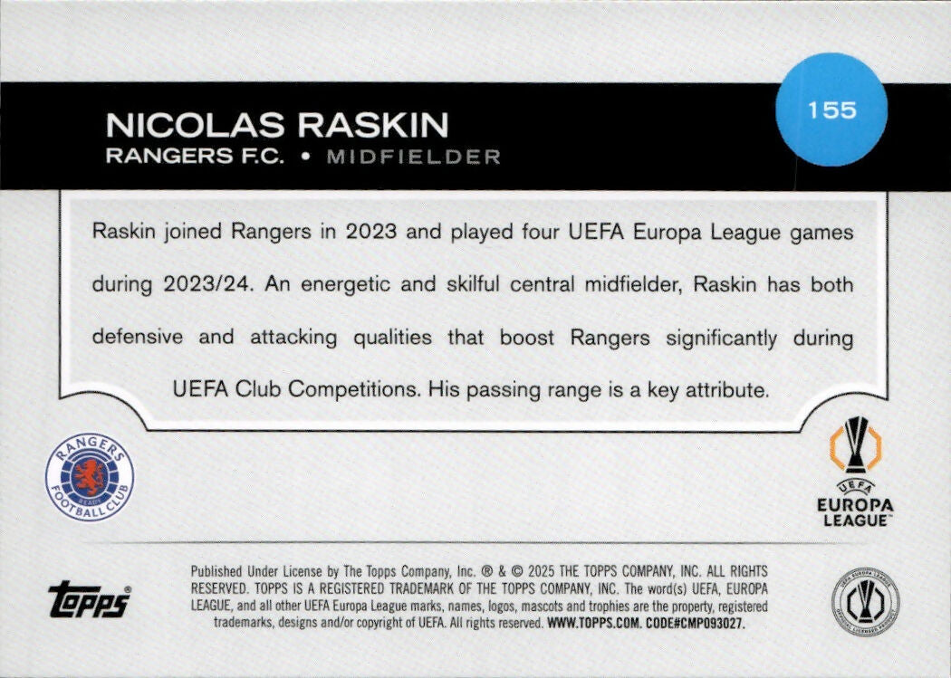 2024-25 Topps UEFA Club Competitions - Base #155 Nicolas Raskin - Rangers F.C. - B