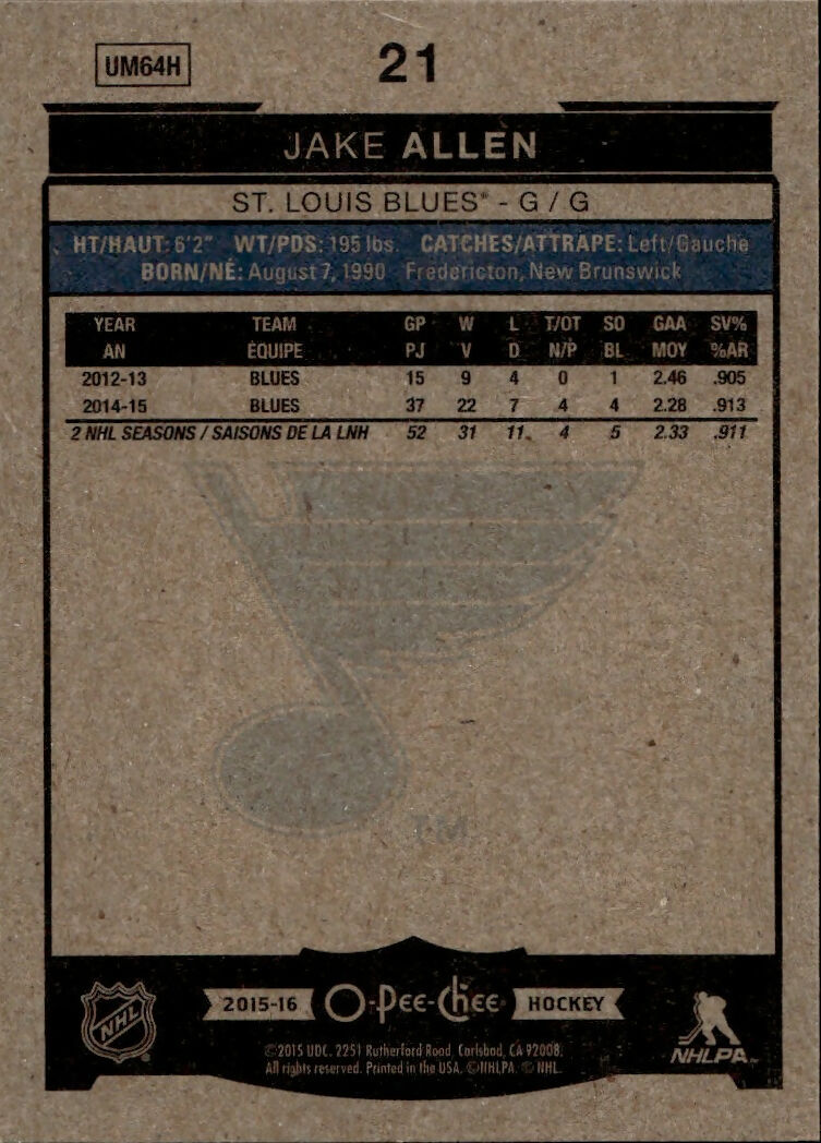 2015-16 Upper Deck O-Pee-Chee Hockey - Base #21 Jake Allen - St. Louis Blues