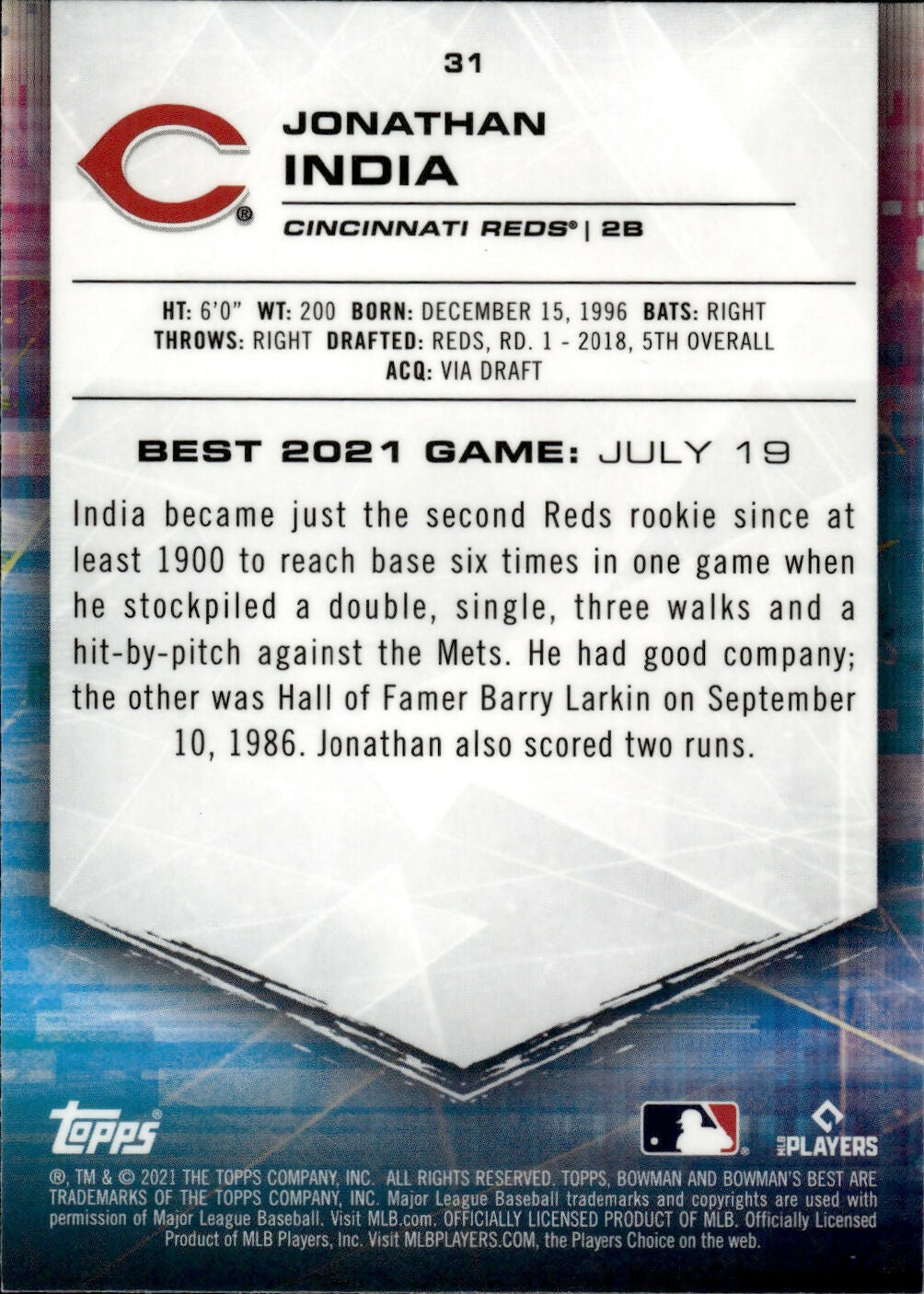 2021 Bowman's Best Baseball - [Base] #31 Jonathan India - Cincinnati Reds - B