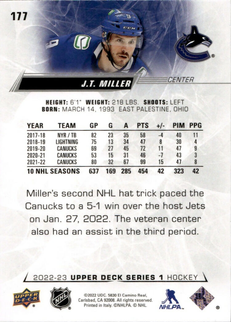 2022-23 Upper Deck Series 1 Hockey - Base #177 J.T. Miller - Vancouver Canucks - B