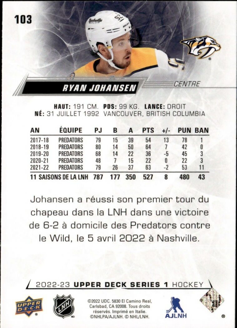 2022-23 Upper Deck Series 1 Hockey - Base #103 Ryan Johansen - Nashville Predators - B