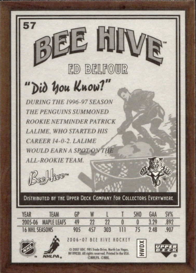 2006-07 Upper Deck - Bee Hive Hockey - Base #57 Ed Belfour - Florida Panthers - B