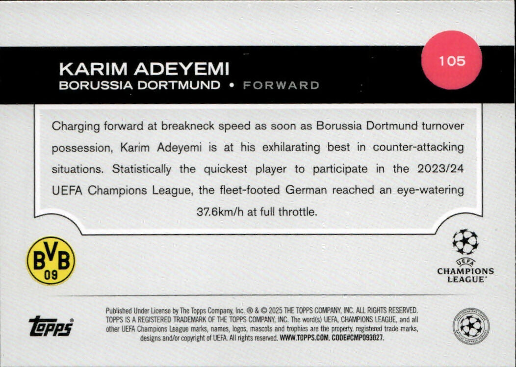 2024-25 Topps UEFA Club Competitions - Base #105 Karim Adeyemi - Borussia Dortmund - B