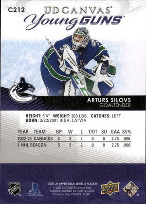 2023-24 Upper Deck Series 2 Hockey - Base - Young Guns - Canvas #C212 Arturs Silovs - Vancouver Canucks